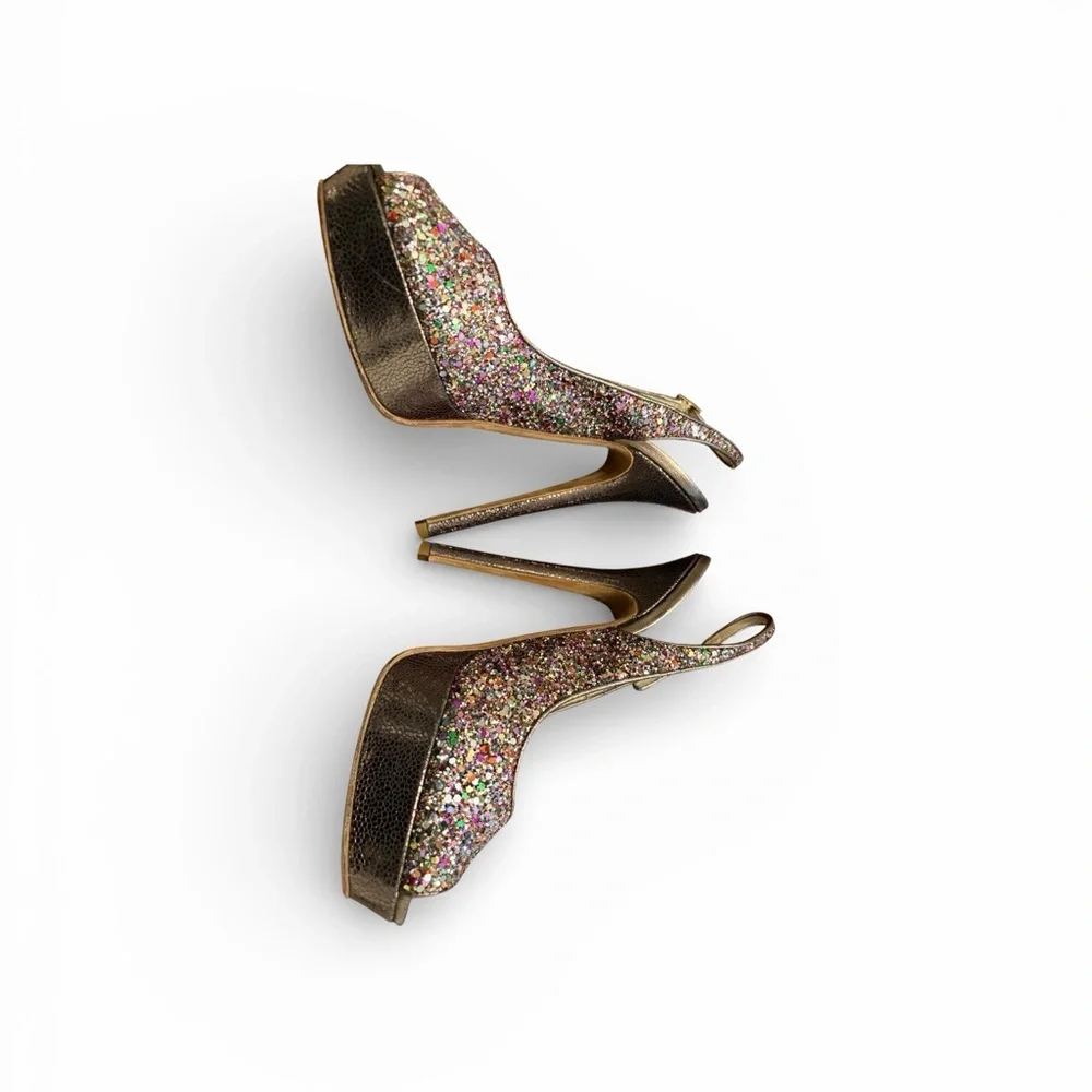 Jimmy Choo Iconic “Clue’ Multicolor Glitter Peep-Toe Slingback Heels